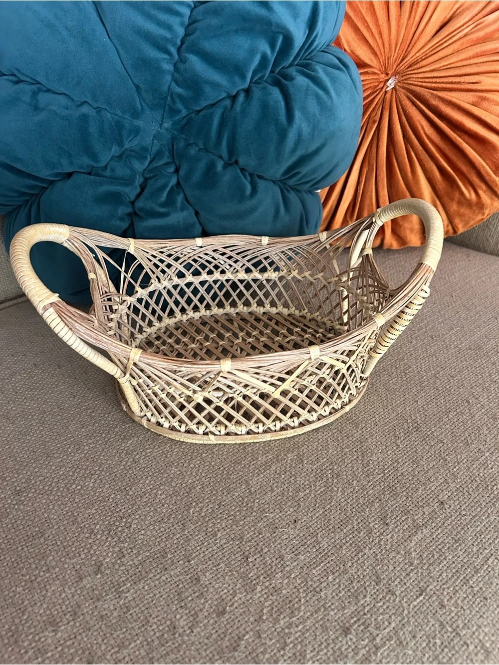 Oval Wicker Decorative Basket Handles Beige/Brown Rustic Farmhouse Cottage Boho